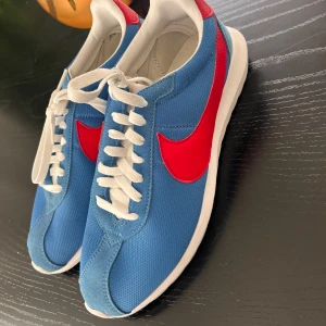 Blå och röda Nike sneakers - Snygga blå Nike sneakers med röd swoosh och vita snören. Perfekta för en sportig look. Skorna har en klassisk design med bekväm passform.