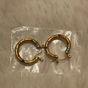 Guldiga örhängen med färgglada stenar - Guldiga hoops med färgglada stenar!