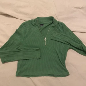 Grön ribbad tröja med dragkedja - Säljer en snygg grön ribbad tröja från Gina Tricot. Den har en dragkedja framtill och långa ärmar, perfekt för både vår och höst. Tröjan är i bra skick och passar till många olika outfits. Perfekt för dig som vill ha en stilren och bekväm look!