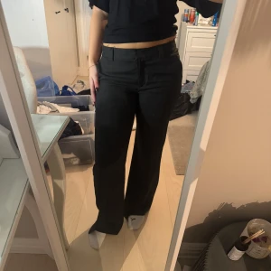 Svarta kostymbyxor - Säljer ett par snygga svarta kostymbyxor i mycket bra skick. De är högmidjade och har en klassisk straight passform. Byxorna har knappar och dragkedja framtill. Perfekta för höst och vinter! Dom är lite grå/svarta 