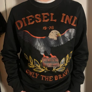 Svart sweatshirt från Diesel - Säljer en cool svart sweatshirt från Diesel med ett stort tryck av en örn och texten 'ONLY THE BRAVE'. Perfekt för höst och vinter med sin varma och sköna känsla. Tröjan har långa ärmar och ribbade muddar vid ärmslut och nederkant. Passar perfekt för en avslappnad stil!