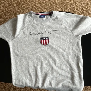 Grå kortärmad tröja från GANT - Säljer en stilren grå tröja från GANT med korta ärmar och ett broderat emblem på bröstet. Tröjan har en rund halsringning och är perfekt för en avslappnad stil. Passar både till jeans och shorts. Använd 1 gång bara 