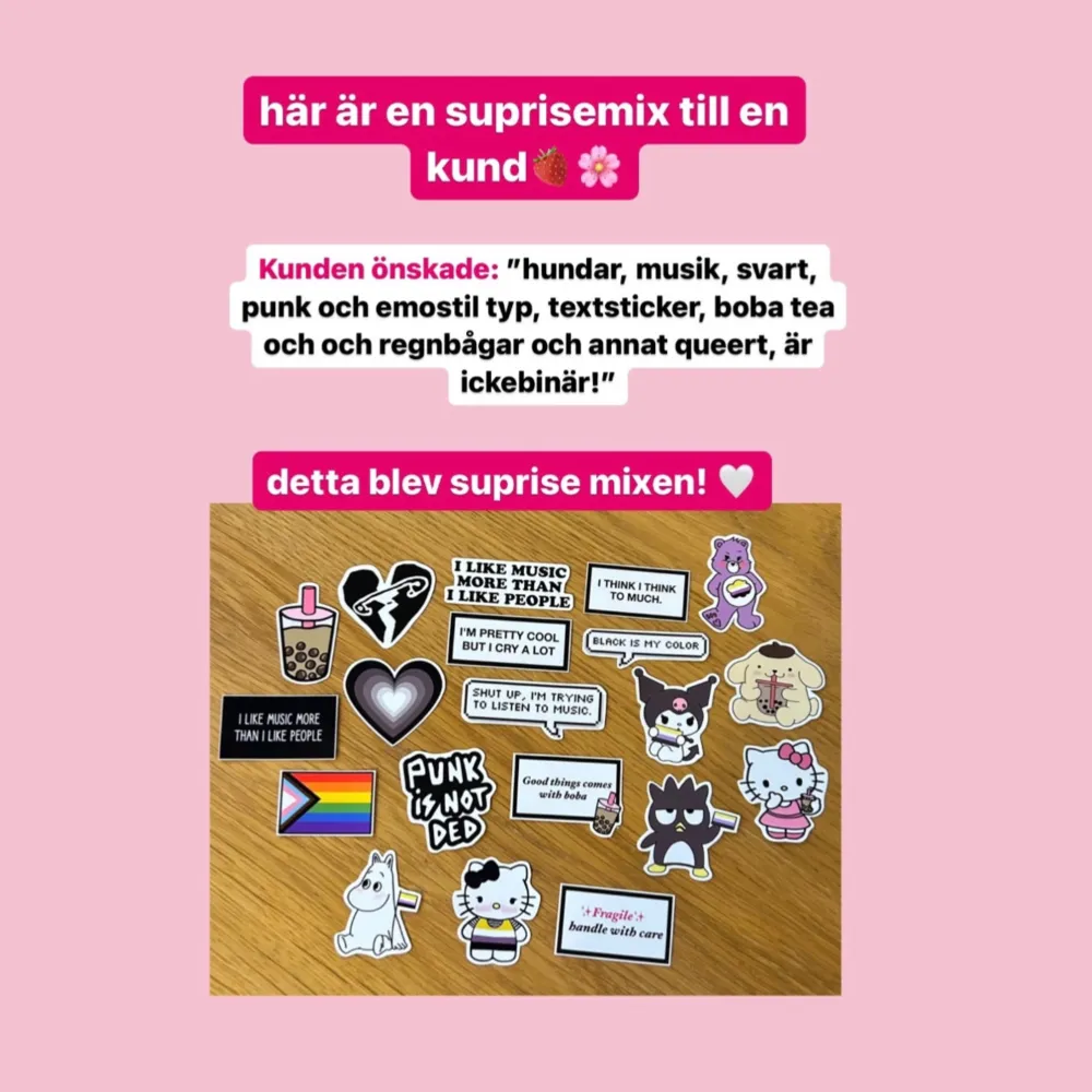 Få en suprise mix med random klistermärken! Vi väljer själv ut klistermärkena ni får! Ni kan köpa 10 stycken för 55 eller få 20 stycken för 100!  (vanliga priset är 8 kronor styck) ⚡️ frakten tillkommer på endast 18 kronor! NYA materialet. Accessoarer.