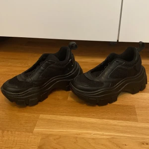 Svarta skor - Svarta skor med hög sula. Storlek 35/36. Använda typ 5 gånger. 200kr köpare står för frakt. (Köptes för 400)  OBS!! Saknar skosnören.