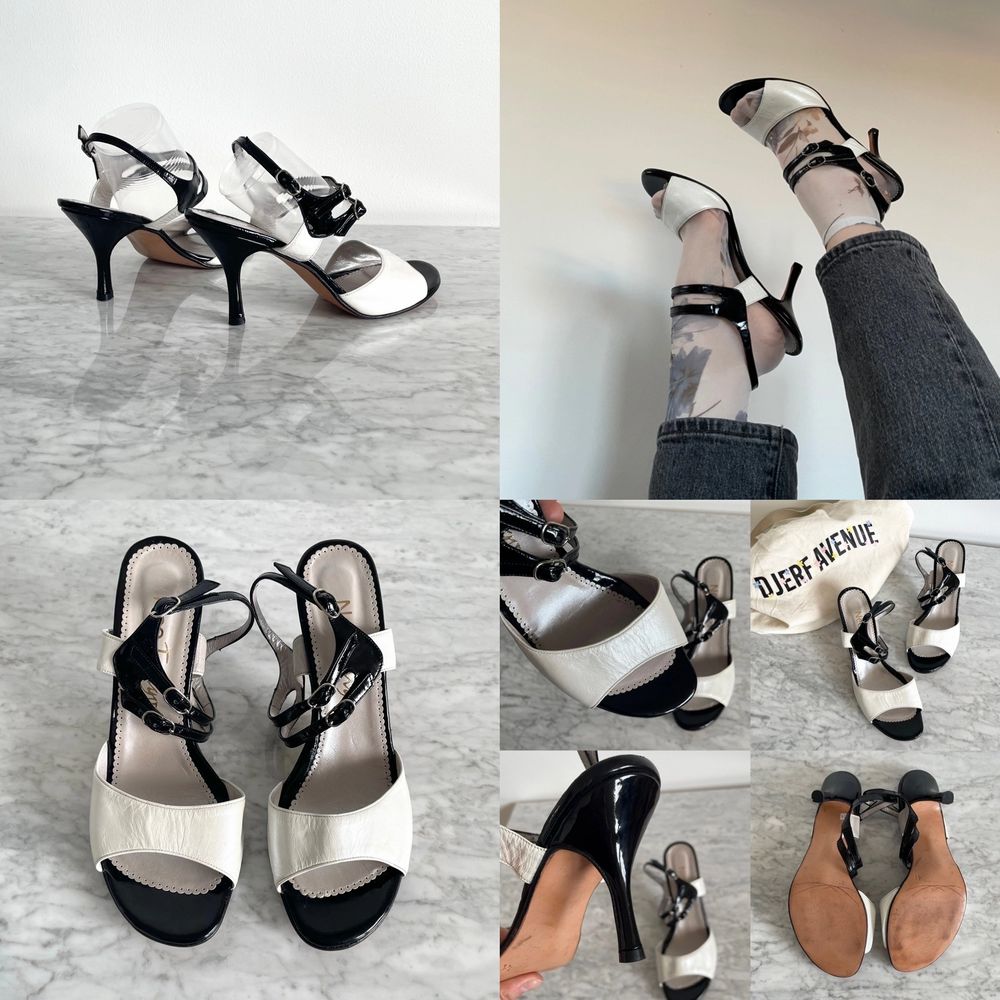 Vintage 90s 00s Y2K strappy sandals / high heels / heeled shoes in black and white size 41  No label, but like real leather to me . Adjustable ankle straps. Few tiny scratches here and there, but nothing major. Cleaned. Label: 41. Heels: 10 cm. No returns. Skor.