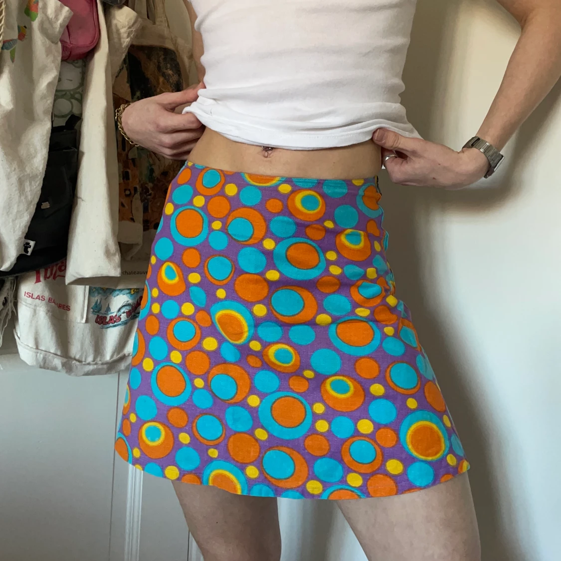 Vintage blå lila gul orange minikjol 60s 70s