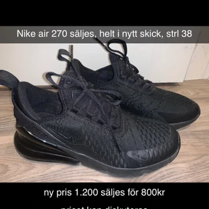 Nike Air Max 270  - Skorna är i nytt skick, aldrig använt samt i strl 38. Ny pris 1200kr i butik, säljes för 800kr. Priset kan diskuteras. 