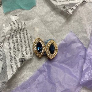 Kläm örhängen  - Inte äkta  Aldrig använda  Rund ram  Murk blå diamant i mitten  Silvriga diamanter runt fina