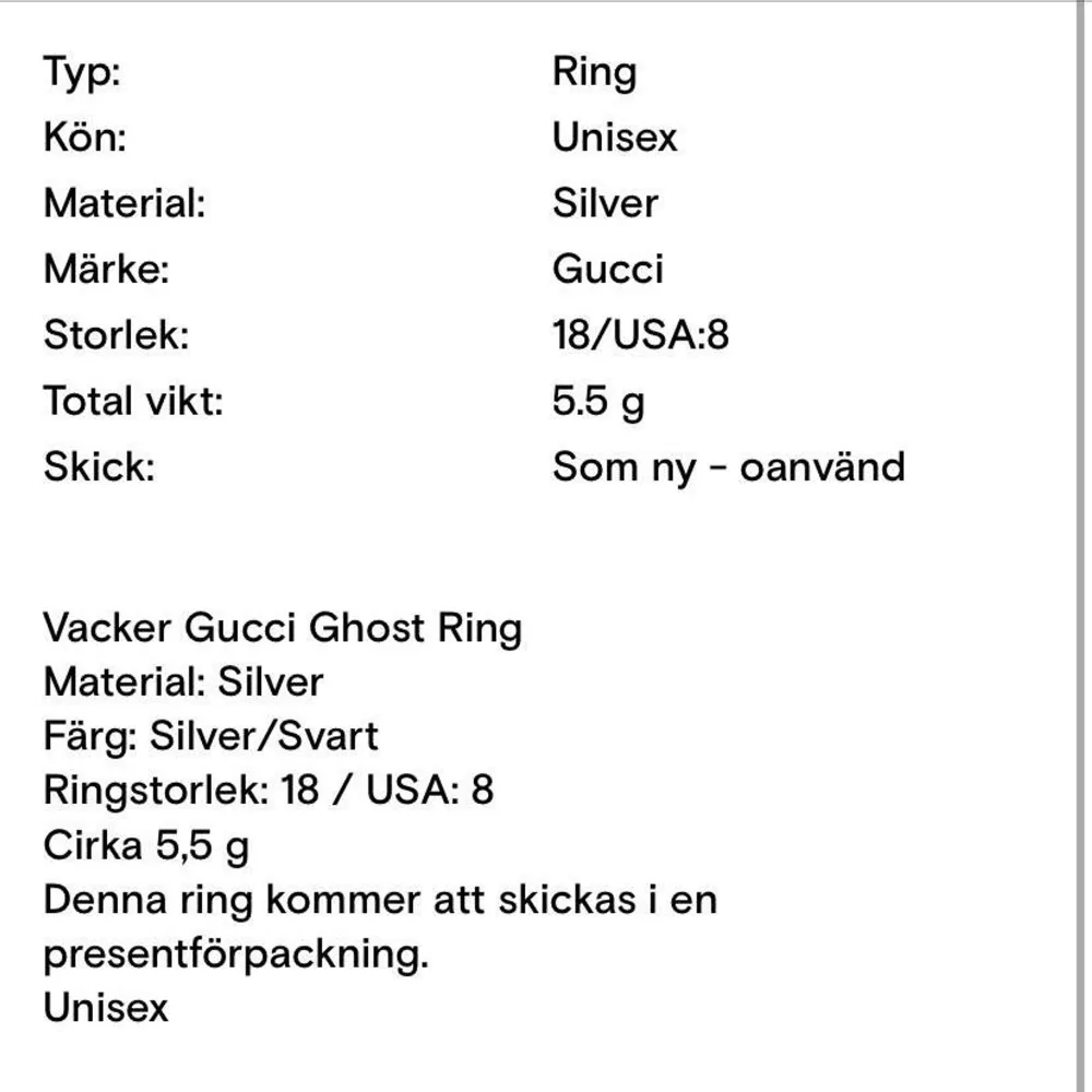 Köpte denna fina gucci ring på en aktion på katawiki (en sida där som säljer märkes smycke samt diamanter på aktion) ÄKTA!  Dock var den lite stor för mig å väljer därför att sälja den vidare🥰 på sista bilden står all fakta om ringen. Övrigt.