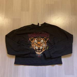 En jättefin sweatshirt med ett tryck på en tiger på. jättefint skick och säljs för 60kr. Storlek xs.