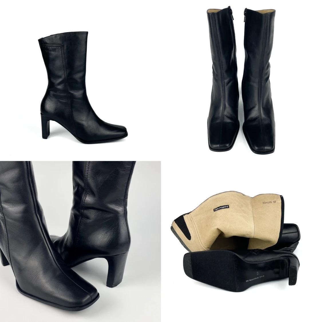 Vintage Y2K 90s 00s TEN POINTS real leather square toe block heel mid calf boots in black size 37 - 37,5 EU - 91