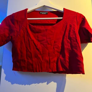 Röd tröja - Tröjan är klippt där nere och vet ej vilket märke det är eller storlek, gissar på S