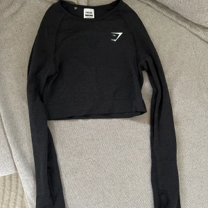 Svart croppad tröja från Gymshark - Säljer en svart croppad tröja från Gymshark. Tröjan har långa ärmar och en enkel design med Gymshark-loggan på bröstet. Perfekt för träning eller en avslappnad stil. Hör av dig vid intresse!
