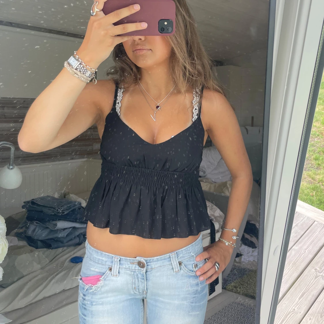 Svart linne topp blus volang - 2