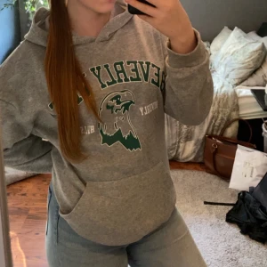 Grå hoodie med grönt tryck från Beverly - Säljer en grå hoodie med grönt och vitt tryck från Beverly. Tröjan har huva och en stor magficka framtill. Perfekt för en avslappnad stil och passar till jeans eller leggings.