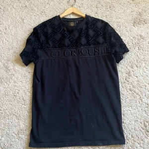Svart t-shirt från Glorious med mönster - Säljer en svart t-shirt från Glorious med snyggt geometriskt mönster upptill och broderad logga över bröstet. T-shirten har rund halsringning och är kortärmad. Perfekt för dig som gillar stilrena detaljer.