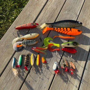 Fiskedrag i plastlåda - Säljer ett set med färgglada fiskedrag i olika former och storlekar, perfekt för sportfiske. Drag som wobbler, jiggar, skeddrag och spinnare. Samt tail beten. Lådan är transparent med flera fack för enkel sortering och transport.