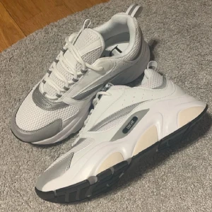 Vita sneakers från Dior bb22 - Säljer ett par snygga vita Dior sneakers med grå detaljer. Skorna har en chunky sula, mesh och syntetmaterial samt snörning. Perfekta för dig som gillar stilrena och trendiga sneakers med exklusiv känsla. Kvitto ingår 
