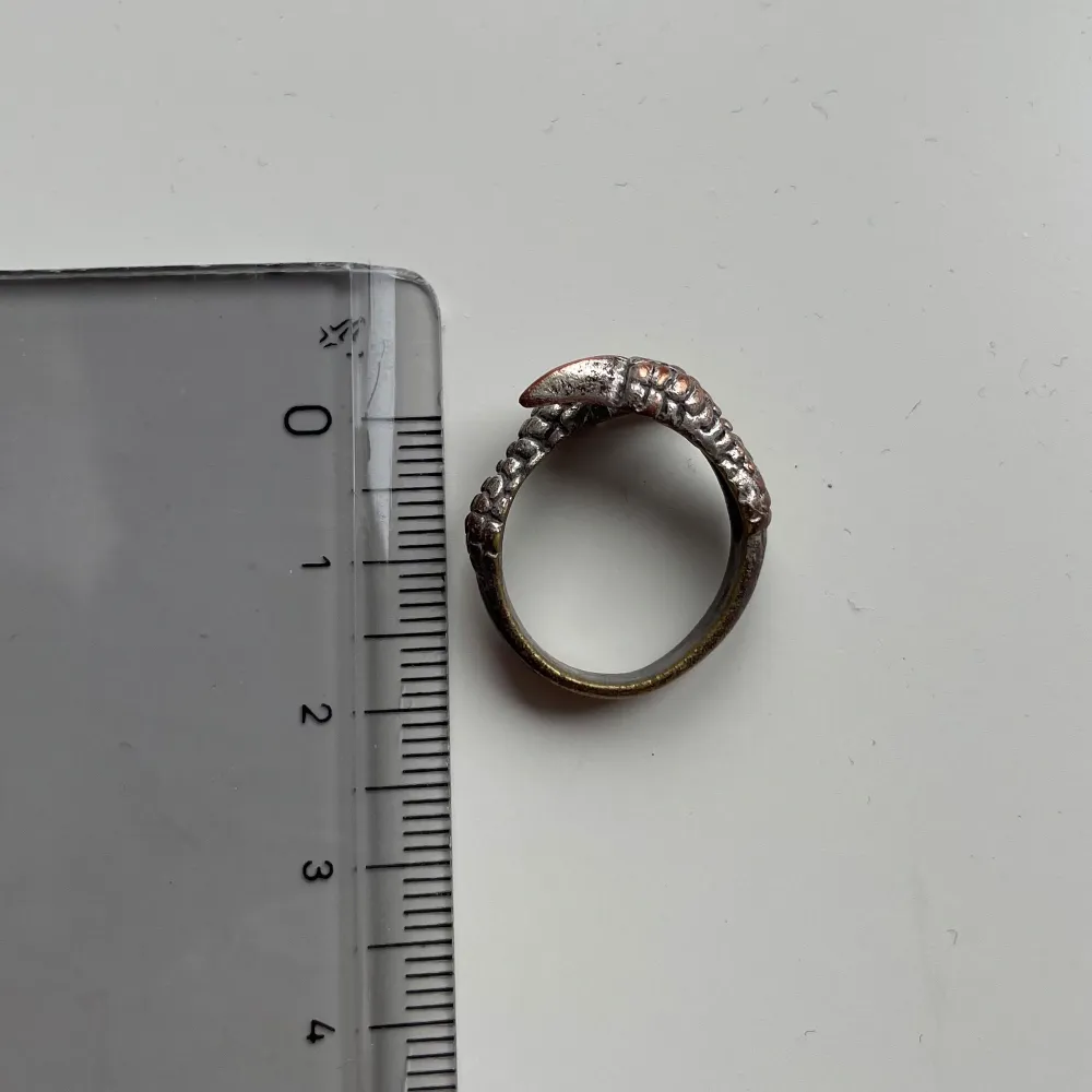 Cool ring i silverfärgad metall formad som en klo som slingrar sig runt fingret. Detaljerad yta med fjäll-liknande struktur som ger en unik och edgy look. Köpte den på söndagsmarknaden i Frankrike av en urgullig gubbe🥹 Storleken går att justera!. Asusteet.