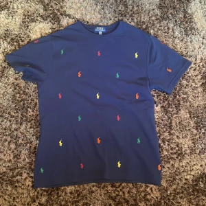Blå Polo Ralph Lauren t-shirt XL - Snygg marinblå t-shirt från Polo Ralph Lauren i orginal storlek XL men sitter som M. T-shirten har korta ärmar och är dekorerad med broderade loggor i flera färger som rött, grönt, gult och orange. Tillverkad i mjuk bomull och har en klassisk passform. Perfekt för en stilren och färgglad look.