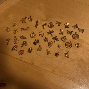 Mixade guldiga berlocker till smycken - Säljer ett set med 38 st små berlocker i guld- och bronsfärgade toner. Motiven är blandade, t.ex. fjärilar, stjärnor, blommor, djur, ankare, blad och parfymflaska. Perfekta för att skapa egna halsband, armband eller örhängen. Alla berlocker har ögla för enkel montering. Man kan köpa i mindre pack och välja vilka berlocker man vill köpa, bara säg till mig isåfall! Kontakta mig om du vill ha mer information💞