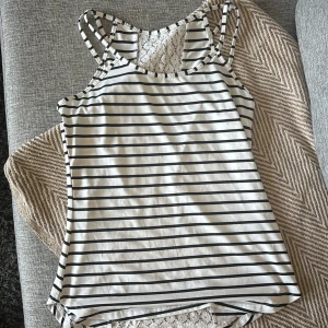 Randig linnetopp med spets från SHEIN - Säljer en vit och svart randig linnetopp från SHEIN i storlek M. Toppen har smala axelband och en snygg spetsdetalj i ryggen som ger en extra touch. Materialet är mjukt och lätt, perfekt för varma dagar. Passformen är normal och toppen är ärmlös.