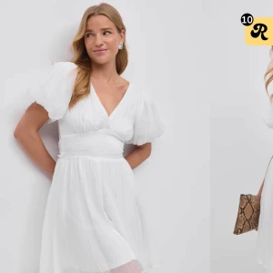 Vit kortklänning med puffärmar - Säljer en söt vit klänning med puffärmar och v-ringning. Köpt som studentklänning men den var lite för stor och därför säljer jag. Originalpris: 699kr och har fortfarande prislapp på💕