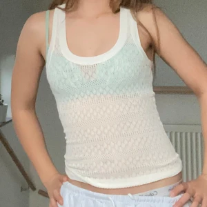 Vit sheer linnetopp från Zara - Säljer en vit virkad linnetopp från Zara. Toppen är ärmlös med rund halsringning och har ett fint, genombrutet mönster. Perfekt att styla över ett linne eller bikini. Superfräsch och somrig vibe!