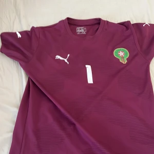 Marockos landslagströja från Puma - Säljer en vinröd Marocko fotbollströja från Puma med landslagets emblem på bröstet och nummer 1. Tröjan är kortärmad och har vita Puma-loggor på bröstet och ärmen. Perfekt för dig som vill stötta Marockos landslag!