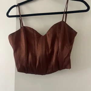 Brun korsett-topp med smala axelband - Säljer en brun korsett-topp från Zara med smala axelband och markerade sömmar framtill. Toppen har en figurnära passform och en lätt glansig satin yta som ger en elegant känsla. Perfekt festtopp! 