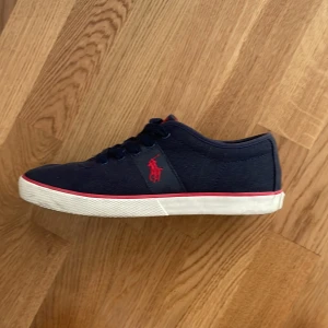 Blå sneakers från Polo Ralph Lauren - Snygga blå sneakers från Polo Ralph Lauren med röd logga och detaljer. Skorna har snörning och en vit sula som ger en fräsch look. Perfekta för en avslappnad stil.