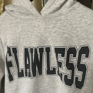 Grå hoodie med texten 'Flawless' från ginatricor - Snygg grå hoodie med stor text 'Flawless' i svart och vitt på framsidan. Perfekt för en avslappnad stil. Mjuk och bekväm med huva och ribbade muddar vid ärmslut och nederkant.