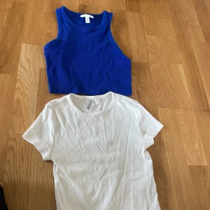Blå och vit ribbad topp - Två snygga ribbade toppar, en i klarblå och en i vit. Den blå toppen är ärmlös och den vita har korta ärmar. Perfekta för en avslappnad stil.