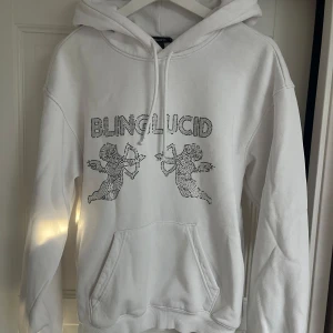 Vit hoodie från Blinglucid - Snygg vit hoodie från Blinglucid med strassdetaljer som formar texten 'BLINGLUCID' och två änglar på framsidan. Storleken är XS men passar perfekt för dom som har S i storlek. Pris kan diskuteras💯