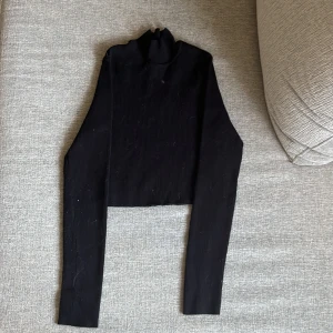 Svart croppad polotröja H&M XS - Svart ribbad croppad polotröja från H&M i storlek XS. Tröjan har lång ärm och hög krage, perfekt att styla med jeans eller kjol. Materialet är mjukt, tjockt och stretchigt, vilket gör den riktigt bekväm och snygg till kyliga dagar. Plagget kommer rullas innan den fraktas iväg.