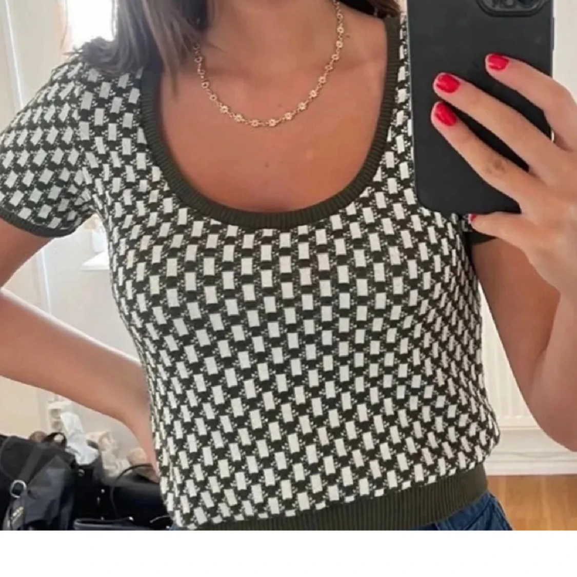 Grön/vit rutig stickad topp Zara - 1