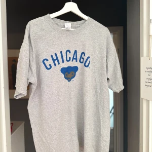 Grå Chicago t-shirt med blå tryck - Snygg grå t-shirt med blått Chicago-tryck och björnhuvud på bröstet. Klassisk rund hals och avslappnad passform, perfekt för dig som gillar sportiga och stilrena plagg. Tillverkad i mjuk bomull som känns skön mot huden.