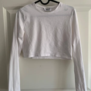 Vit croppad långärmad topp från Weekday - Säljer en vit croppad långärmad topp från Weekday i mjuk bomull. Enkel och stilren design med rund halsringning, perfekt basplagg för en streetstyle. Superskön och passar till många olika looks! Använd en gång.