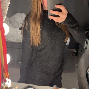 Svart glittrig tröja från Gina Tricot - Säljer en svart glittrig fest tröja från Gina Tricot i storlek M. Tröjan har lång ärm och en figurnära passform med hög hals. Perfekt för dig som vill sticka ut med lite extra glitter.