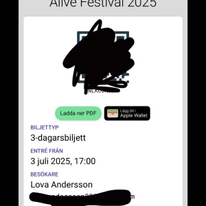 Alive Festival 2025 - 3-dagarsbiljett 2 stycken - Säljer två stycken biljetter till Alive festivalen då jag inte har möjlighet att gå längre. Kom med prisförslag