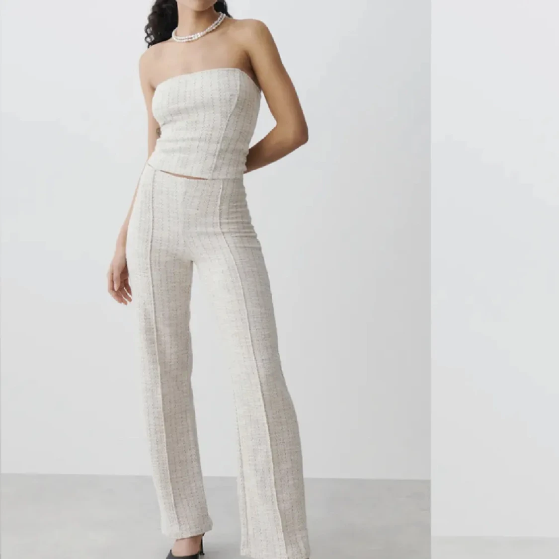 Beige bandeau tubtopp i tweed - 1