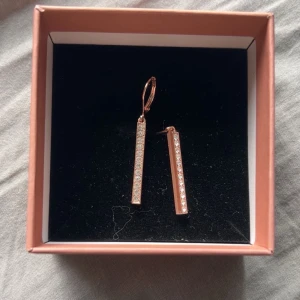 Glittriga örhängen i roséguld - Snygga avlånga örhängen i roséguld med raka linjer och massor av gnistrande stenar längs hela framsidan.