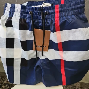 Blårutiga badshorts från Burberry - Snygga badshorts från Burberry i blått med klassiskt rutigt mönster och röda detaljer. Shortsen har snörning i midjan och är tillverkade i ett lätt syntetmaterial med innerbyxa i mesh. Perfekta för stranden eller poolen.