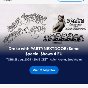 Drake biljett 2025 - Har en extra biljett till drake konserten 21/8. Överföringen sker via AXS appen för bådas säkerhet. Köptes för 1850. Sittplatser A28 Rad 11.