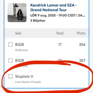 Grand National Tour - Kendrick Lamar + SZA ståbiljett - Ståplats till GNX tour i 3arena på lördag! Hämtas upp i Stockholm eller annat sätt. Föreslå pris, säljs snabbt 