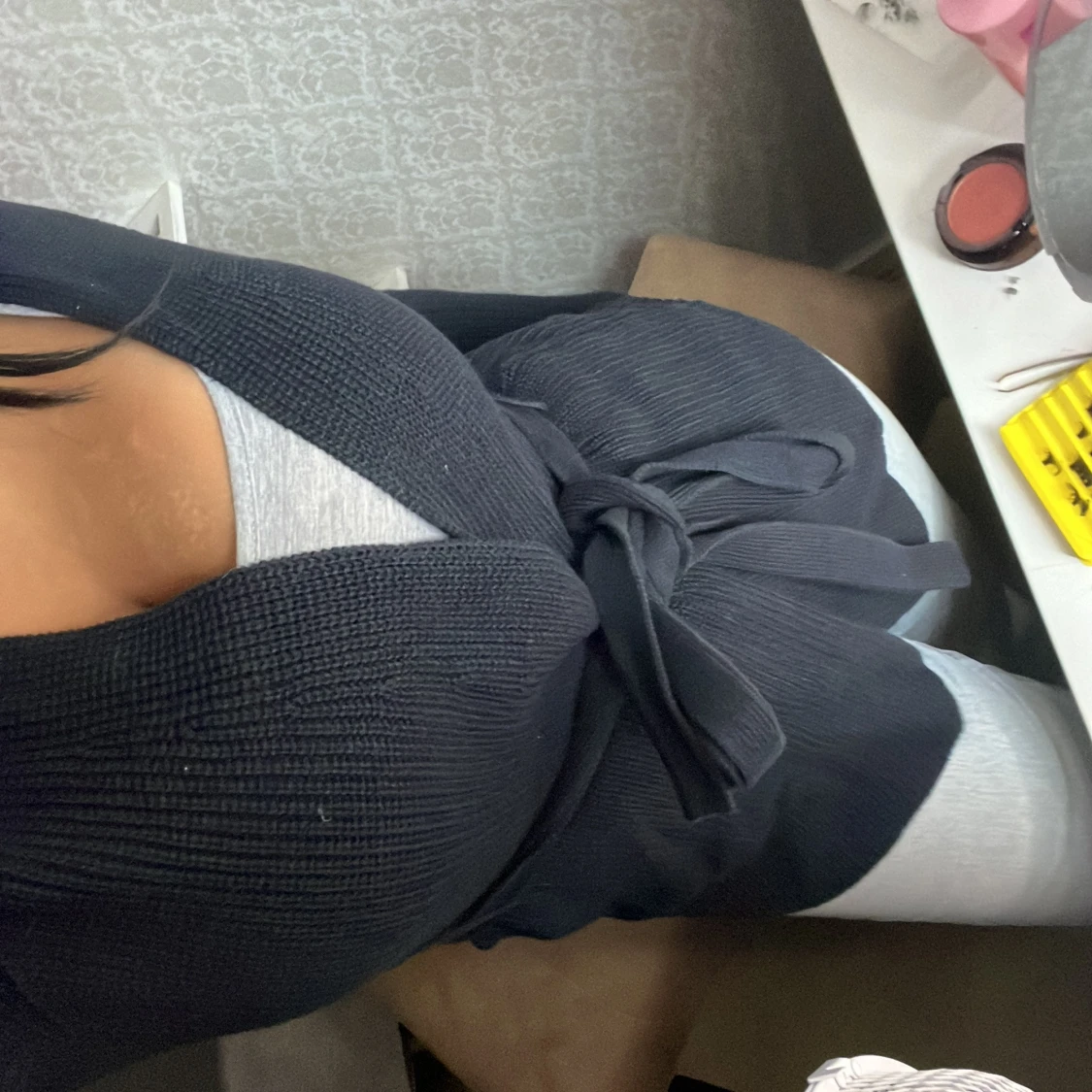 Svart stickad cardigan jacka med bälte - 1