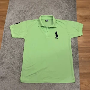 Grön pikétröja med logotyp - Säljer en snygg grön pikétröja från Ralph Lauren med en stor svart logotyp på bröstet och siffran 3 på ärmen. Perfekt för en avslappnad stil. Tröjan har korta ärmar och en klassisk krage. Storlek: L men passar även som M. Pris inte hugget i sten!