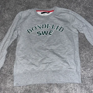 Grå sweatshirt från Bondelid - Säljer en grå sweatshirt från Bondelid med texten 'BONDELID SWE' i grönt på framsidan. Tröjan har långa ärmar och en rund halsringning med en röd detalj på insidan av kragen. Perfekt för en avslappnad stil.