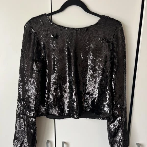 Svart paljettröja - Glittrig svart topp täckt med paljetter, lång ärm och rund halsringning. Ser likadan ut på baksidan.