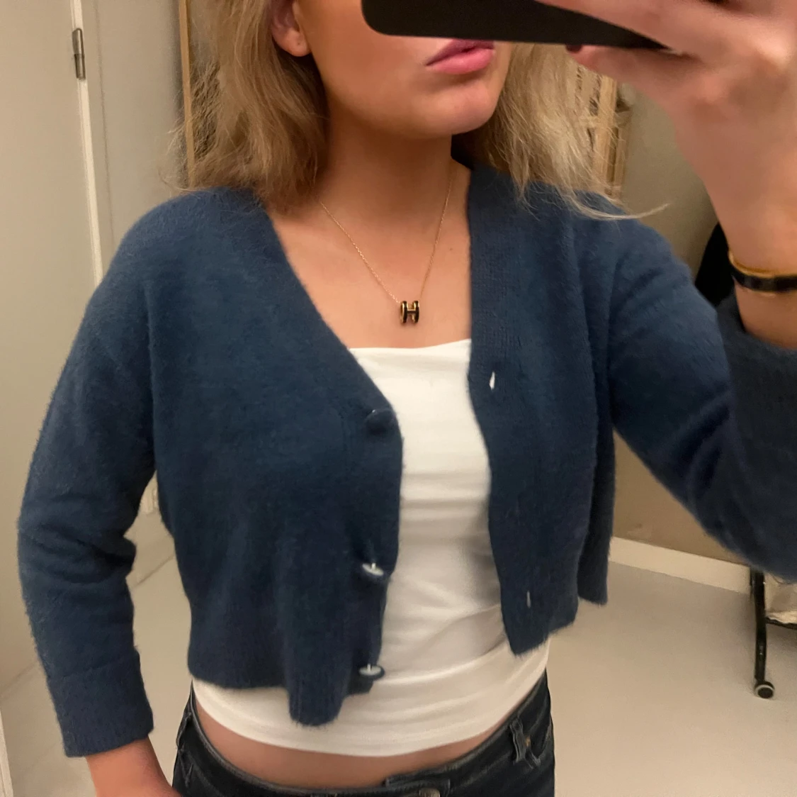 Blå croppad kofta med knappar - 2